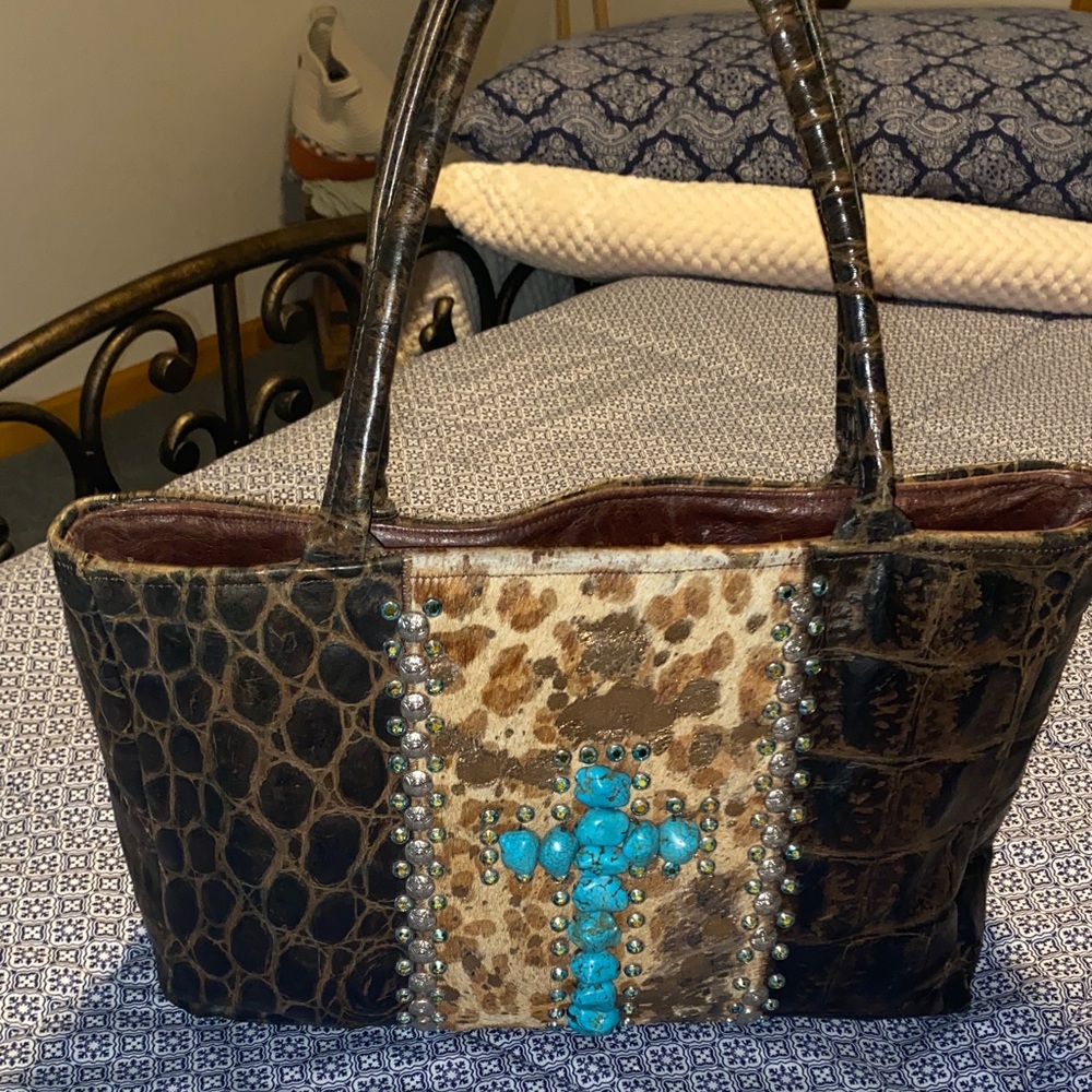 KurtMen Design Brown and Tan Crocodile Pattern and Cowhide Tote Bag